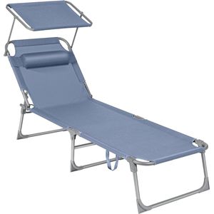Signature Home Ligstoel - inklapbare ligstoel - max belastbaarheid 150 kg - met zonwering - hoofdsteun en verstelbare rugleuning - voor tuin - zwembad - terras - blauw -193 x 53 x 29 cm