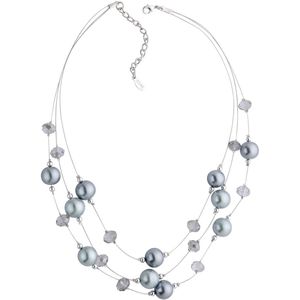 Behave Korte parel ketting dames grijs 3 rijen met facet geslepen glaskralen en glasparels – lengte 46 cm + 6 cm verlengketting