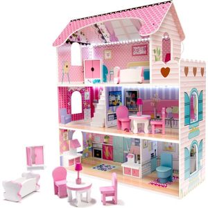 Houten Poppenhuis met LED Verlichting - 79-delig - Roze - 70cm  - Inclusief Meubels