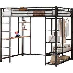 Merax Hoogslaper 140x200 cm – Metalen Juniorbed met Ladder - Bureau - Kast en Opbergrekken - Zwart