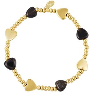 Kralen armbandje met hartjes - Yehwang - Armband - 16,50 cm - Goud/Zwart