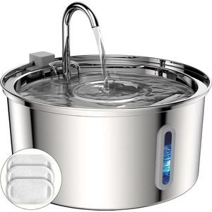 Waterfontein 3.2L Roestvrijstalen Kattenfontein met Kijkvenster - Waterniveau Kraanvorm - Vaatwasmachinebestendig - Stille Pomp - Dubbel Filter