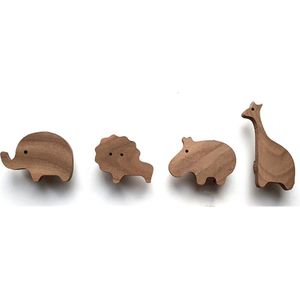 4 stuks - houten kapstok haken - dieren - kinderkamer - olifant - leeuw - nijlpaard - giraffe - Walnoot