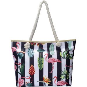 Strepen flamingo grote strandtas - Schoudertas met ritssluiting - Shopper zwart/wit