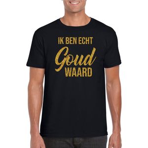 Ik ben echt goud waard fun tekst t-shirt / kleding met gouden glitters op zwart voor heren - foute fun tekst shirt / festival outfit L