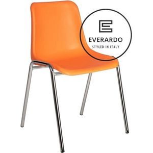 King of Chairs model KoC Everardo oranje met verchroomd onderstel. Kantinestoel stapelstoel kuipstoel vergaderstoel tuinstoel kantine stoel stapel kantinestoelen stapelstoelen kuipstoelen stapelbare keukenstoel Helene eetkamerstoel