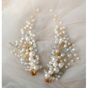 Haarsieraden op goudkleurige haarspeld met goudkleurige takjes versierd met ivoorkleurige pareltjes en parelmoer strassteentjes, 2 stuks (huwelijk, communie, cosplay, uitgaan, kawaii)