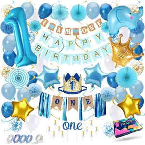 Fissaly Baby 1 Jaar Verjaardag Versiering Jongen XXL – Happy Birthday Kind Decoratie Incl. Ballonnen – Blauw