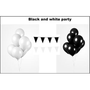 Black and white party set - 2x vlaggenlijn zwart en wit - 100x Luxe Ballonnen zwart/wit - Festival thema feest party verjaardag gala jubileum