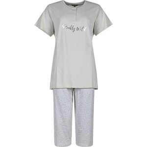 Dames Pyjama - Katoen - Zomer - 3/4 broek - Grijs Groen Leopard - Maat M