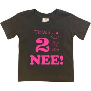 T-shirt Kinderen ""Ik ben 2 dus ik zeg NEE!"" | korte mouw | zwart/roze | maat 98/104
