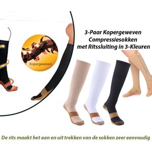 3-Paar Kopergeweven Compressiesokken met Ritssluiting in 3-Kleuren-Maat 36-41