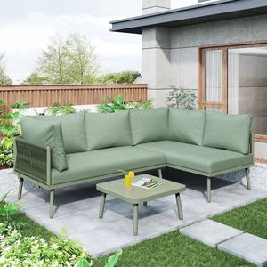 Sweiko IJzeren tuin lounge set, groene touw tuinmeubelset, L-vormige tuinmeubelset, groene touw lounge set met zitkussens, verstelbare voeten, 2 banken en 1 tafel