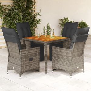 vidaXL Bistroset - 5-delig - Met kussens - Poly rattan - Grijs Bistro Set - Tuinstoel - Lounge Stoel - Buitendecoratie - Terrasdecoratie - Acacia Hout - Pe Rattan - Outdoor Furniture