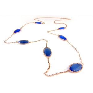 Zilveren halsketting halssnoer collier roos goud verguld Model Oval met blauwe stenen