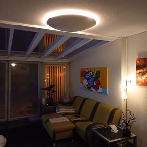 Galaxy Bowl Rond infraroodpaneel plafond verwarming met verlichting - verwarmingsvermogen 600 Watt - schaal rond 84 cm, indirecte verlichting door middel van LED stip- draadloos geschakeld met wandschakelaar, prog.wandthermostaat met WiFi functie