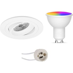 LED Spot Set GU10 - Oficto - Smart LED - Wifi LED - Slimme LED - 5W - RGB+CCT - Aanpasbare Kleur - Dimbaar - Afstandsbediening - Proma Alpin Pro - Inbouw Rond - Mat Wit - Kantelbaar Ø92mm