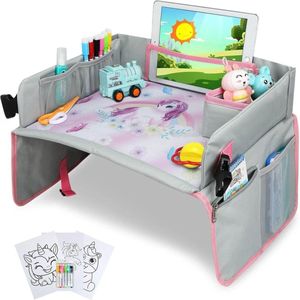 Opvouwbare tafel voor kinderen in de autostoel - Reizen bureau met dienblad, koelkast tablethouder en opbergtassen - Inclusief kleurplaten en stiften reistafel voor kinderen