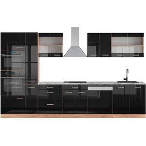Vicco R-Line Complete keukeneenheid – 350 cm met hoge kast, WB Marmer Eiken hoogglans zwart/goud met hoge kast, WB Marmer