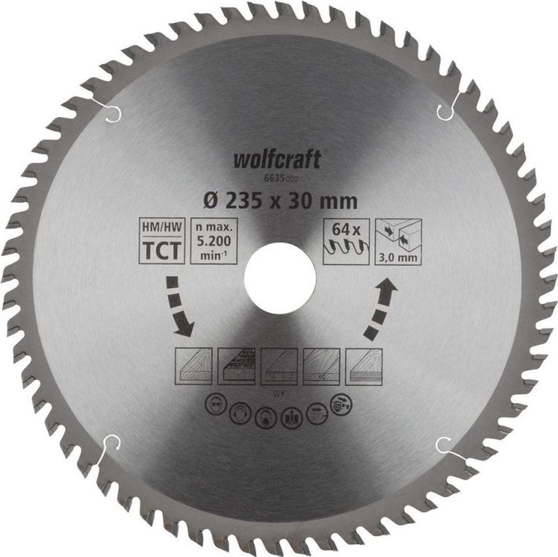 Wolfcraft Cirkelzaagblad voor Hout voor fijn zaagwerk - 235mm - Asgat 30mm - 64 tanden - 3mm zaagdikte
