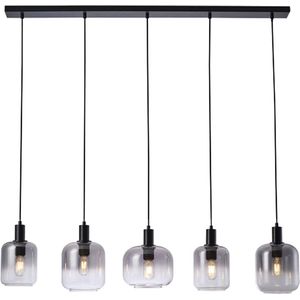 Moderne glazen hanglamp Dentro | eettafellamp | smoke / zwart / transparant | vijf lichtpunten | glas / metaal | L 120 cm | H 140 cm | woonkamer lamp / eetkamer lamp | modern design