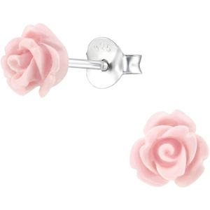 Joy|S - Zilveren roos oorbellen - roze roosje - 6 mm - kinderoorbellen