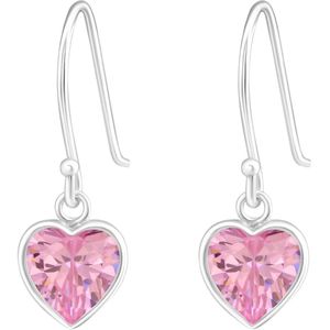 Joy|S - Zilveren hartje oorbellen - roze zirkonia hartje bedel - oorhangers