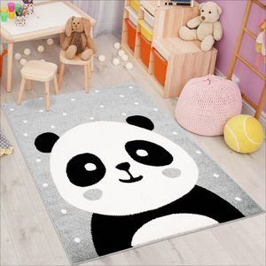 Flycarpets Playful Pals Kids - Grijs Panda Vloerkleed Kinderkamer / Babykamer - Laagpolig Kindervloerkleed 120x160 cm