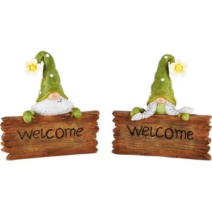 Dekoratief | Gnoom m/bordje 'Welcome', groen, resina, 14x4x14cm, set van 2 stuks | A230518