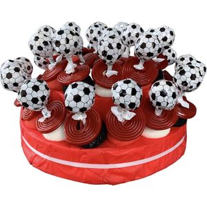 Snoeptaart - Voetbaltaart - Rood - Kinderfeestje - Uitdeelcadeau - 30 traktaties - In cadeauverpakking met gekleurd krullint