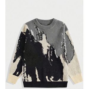 Herentrui met Ronde Hals en Inktgewassen Paardenpatroon - Lange Mouwen, Polyester Gebreide Pullover voor Casual Kleding, Dagelijkse Pullover|Geometrisch Patroon Trui|Comfortabel Dragen, Gebreide Trui