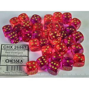 Chessex Gemini Translucent Red-Violet/gold D6 12mm Dobbelsteen Set (36 stuks)