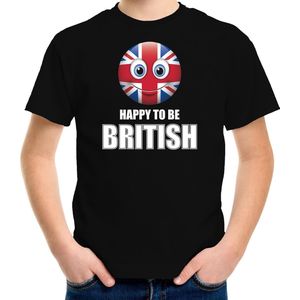 Verenigd Koninkrijk Happy to be British landen t-shirt met emoticon - zwart - kinderen - Verenigd Koninkrijk landen shirt met Britse vlag - EK / WK / Olympische spelen outfit / kleding 122/128