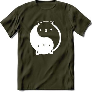 Ying Yang Kat - Katten T-Shirt Kleding Cadeau | Dames - Heren - Unisex | Dieren shirt | Grappig Verjaardag kado | Tshirt Met Print | - Leger Groen - XL