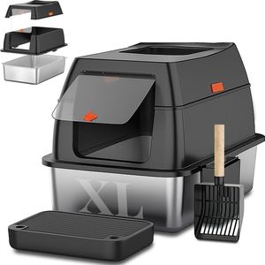 Kattenbak RVS met Deksel XXL – Gemakkelijk schoon te maken – Geurvrij, Lekvrij en Vlekvrij – 38L Inhoud – Gesloten Roestvrijstalen Kattentoilet– Grote Kattenbak met Schep & Gritopvangmat – 60×40×32cm