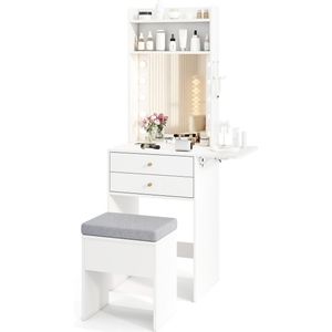 COSTWAY Make-uptafel met verlichting, kaptafel met laadstation, spiegel, laden, planken en inklapbaar tafelblad, kruk met opbergruimte, make-uptafel voor kleine ruimtes, wit