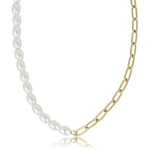 My Bendel - Ketting goud met schakels en witte parels - Gouden schakelketting gecombineerd met ovale witte parels - Met luxe cadeauverpakking