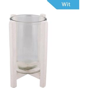 Lantaarn op houten voet van WDMT™ | ø 19 x 27,5 cm | Glazen kaarsenhouder met een houten frame | Lantaarn, windlicht of kaarsenhouder | Wit