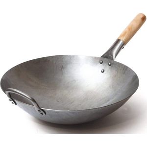 Craft Wok 14 inch Traditionele, met de hand gehamerde, koolstofstalen pow wok met houten en stalen hulphandvat (diameter 35,6 cm, ronde bodem)/731W88