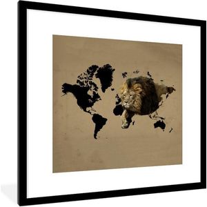 Fotolijst incl. Poster - Wereldkaart - Leeuw - Bruin - 40x40 cm - Posterlijst