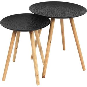 Ronde Reliëf Zwarte Bijzettafel Salontafel - Set van 2 - Grenenhout - 395x395x42 cm