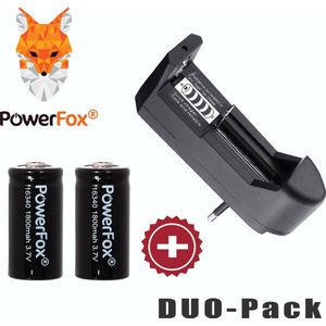 PowerFox® 2x 16340 Lithium batterij 3,7V 1800mAh + OPLADER (Geschikt voor 18650, 16340, 14500, 10440, 14500) batterijen.