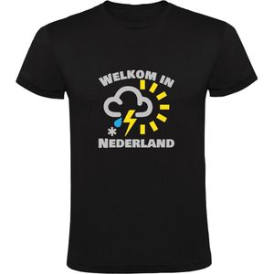 Welkom in Nederland Heren T-shirt | Slecht weer | Weerbericht | Weervoorspelling | Holland | Regen | Zon | Bliksem | Sneeuw | Bewolking | Shirt