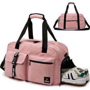 Sporttas voor dames en heren, reistas met schoenenvak, trainingstas met nat vak, waterdichte weekendtas, kan worden gebruikt als gymtas/zwemtas/saunatas, roze, Sportief