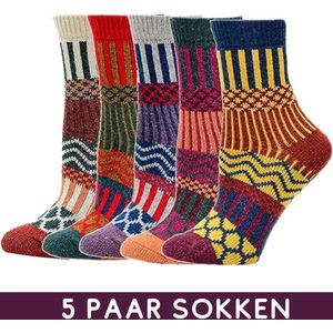 Winkrs - Warme Sokken Set Dames - 5 paar Vintage sokken met diverse kleuren, streepjes en figuren - Maat 35-39
