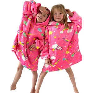 Unicorn fleece deken met mouwen en capuchon voor kinderen - fleece kinderponcho unicorn - hoodie deken met mouwen - plaid met mouwen - hoodie blanket - maat 134 t/m 158 (8-12 jr) - neon roze
