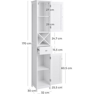 Badkamerkast Theo - Hoge Kast - met 2 Lattendeuren - Opbergkast - met Lade - Uitneembare X-vormige Plank - 32x30x170cm - Scandinavische Stijl - Wit