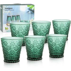 250 ml drinkglazen kleurrijk glas - set van 6 groene waterglazen met madeliefjespatroon - vintage stapelbaar waterglas voor dranken, cocktail en thee