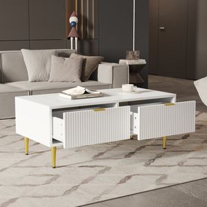 Moderne witte salontafel met gouden accenten, 2 laden, verticaal streepontwerp, 100*50*40cm, salontafel in de woonkamer, korte bankkast