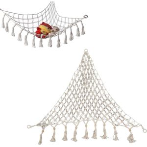 Hangmat Net Met Macrame Kwastje - Driehoekige Handgemaakte Opknoping Speelgoed Netto - Kinderkamer Slaapkamer Muur Hoek Decor